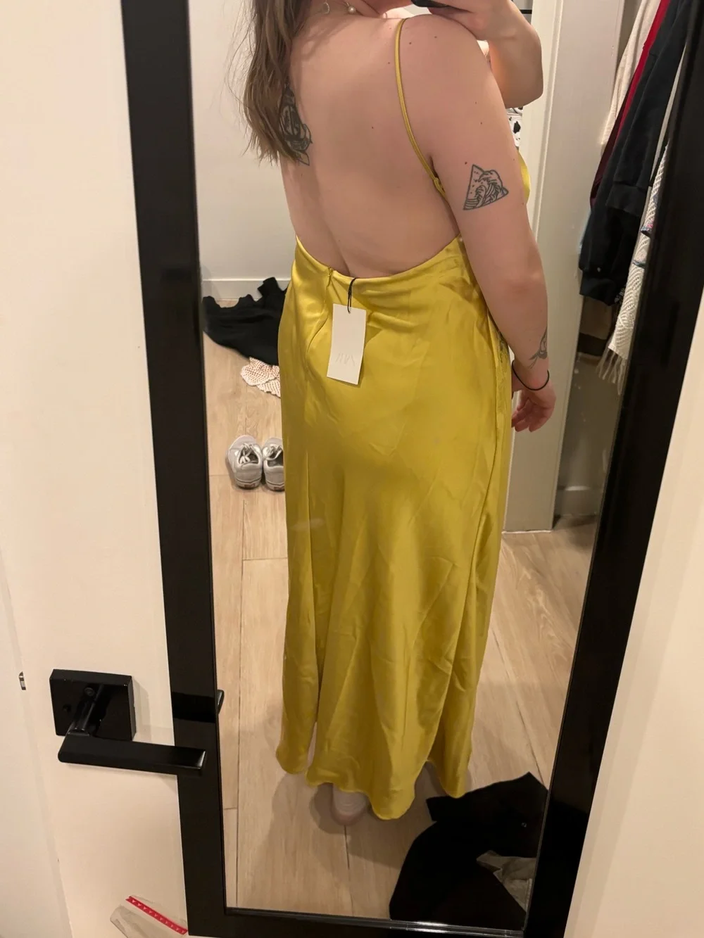 Zara Yellow Lace-Trim Satin Slip Dress - Picture 2 of 4
